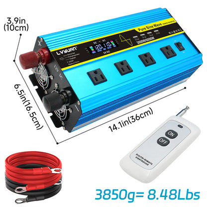Pure Sine Wave Inverter 3000W 6000W Peak DC 12V 24V to AC 110V with LCD Display 4 AC Outlets Wireless Remote Control for RV Truck Vehicle Camping Home Backup