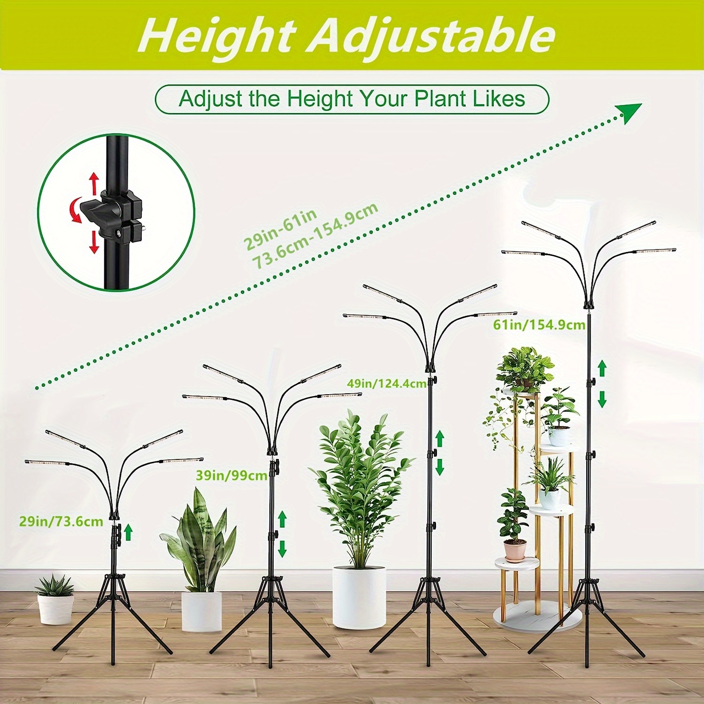 Remote Control Grow Light 4/5 Head Red Blue White Full Spectrum | 29-61'' Adjustable Tripod Stand Auto Timer | Indoor Plants Wireless Floor Lamp