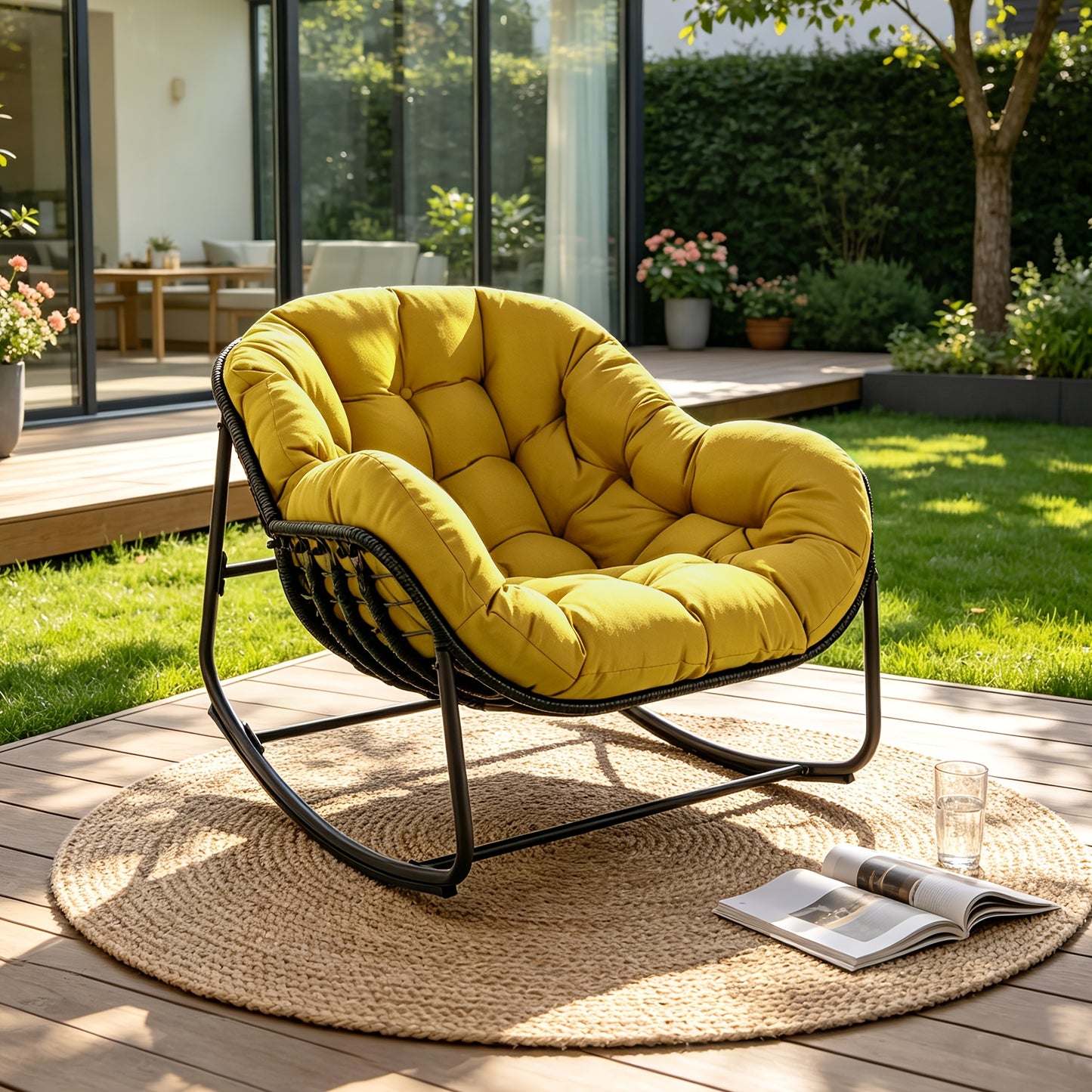 Papasan Rocking Chair Outdoor Wicker Egg Chair with Cushion & Pillow, Large Patio Rocker for Garden, Backyard & Porch, 8 Colors