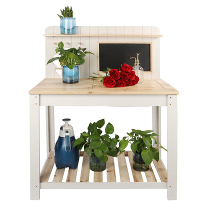Potting Bench Table Cedar Wood Garden Workstation with Blackboard Removable Sink Hooks Double Shelf for Patio Balcony Courtyard Outdoor Planting Work Bench