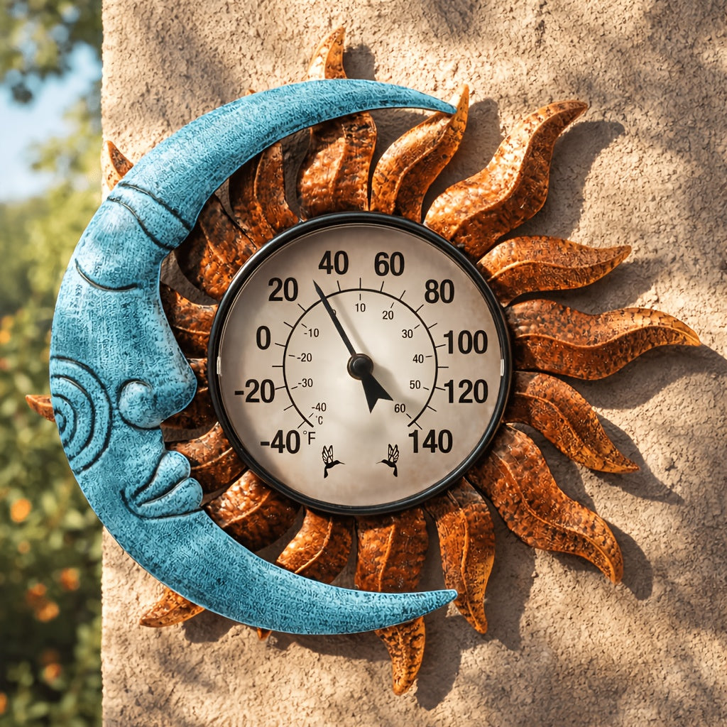 Outdoor Wall Thermometer with Sun & Moon Art – IPX4 Waterproof, Decorative Patio Garden Thermometer for Indoor Outdoor Use