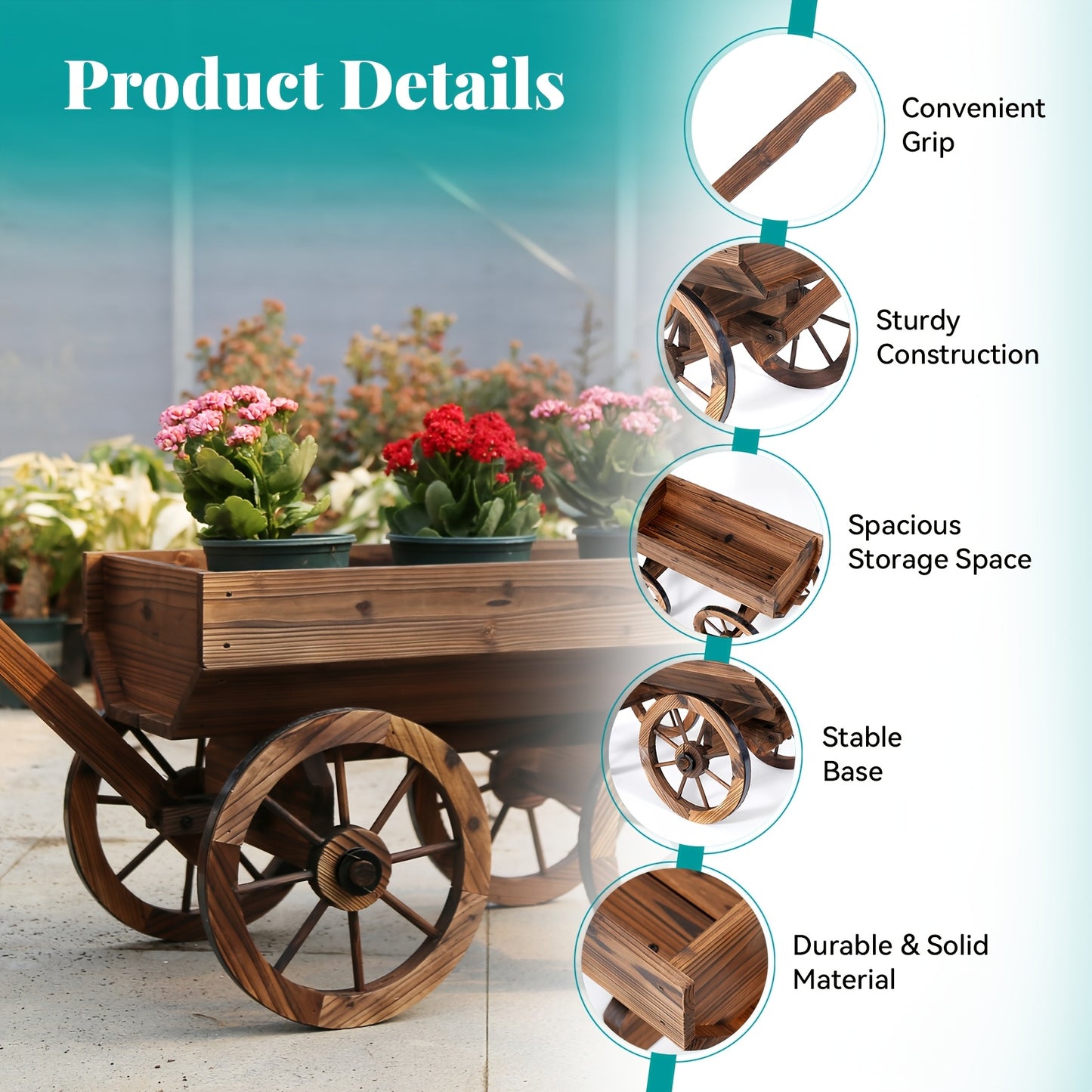Wooden Wagon Planter with Wheels – Rustic Handcrafted Flower Cart for Patio, Balcony & Garden, Multi-Tier Ladder Shelf Outdoor Yard Decor