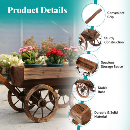Wooden Wagon Planter with Wheels – Rustic Handcrafted Flower Cart for Patio, Balcony & Garden, Multi-Tier Ladder Shelf Outdoor Yard Decor