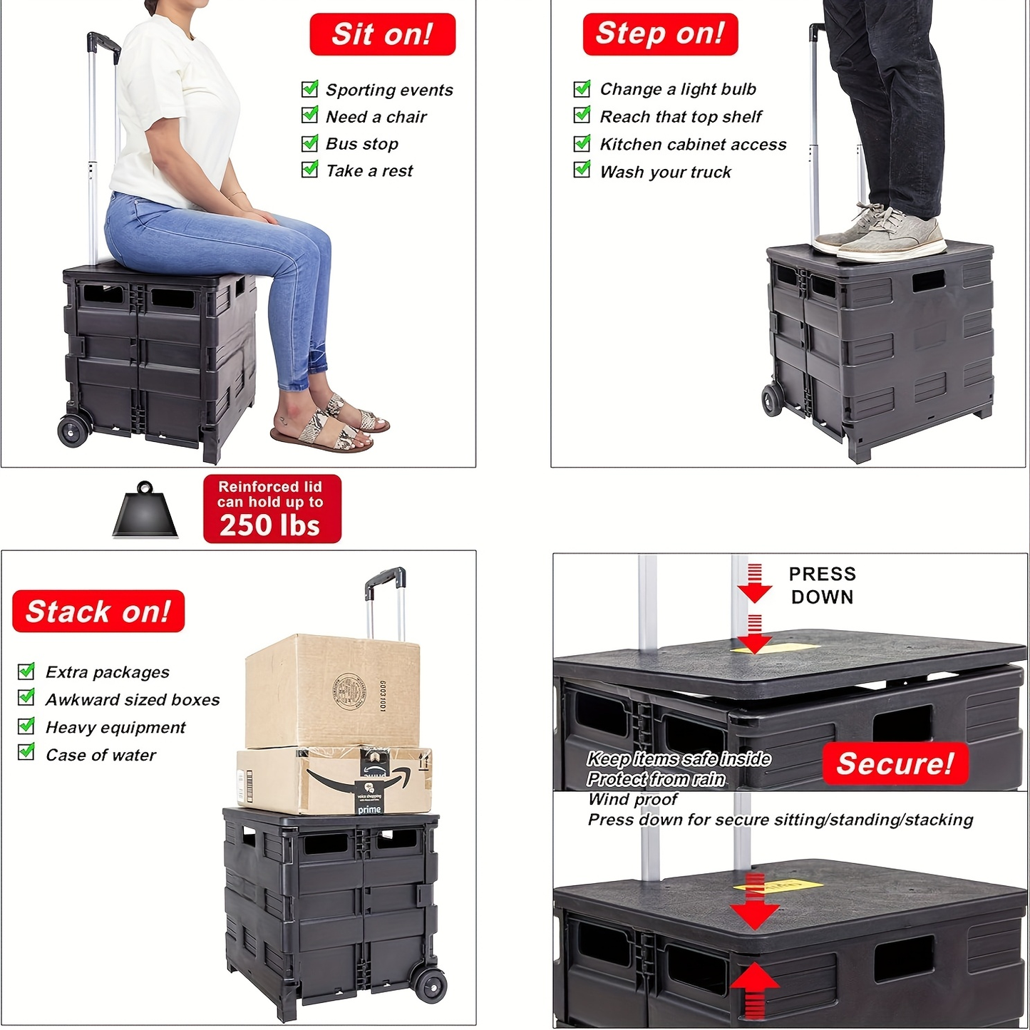 Collapsible Rolling Cart with Wheels – 80 Lbs Heavy Duty Foldable Crate on Wheels for Teachers, Shopping & Storage, Lid Doubles as Seat, Portable Utility Tote Basket