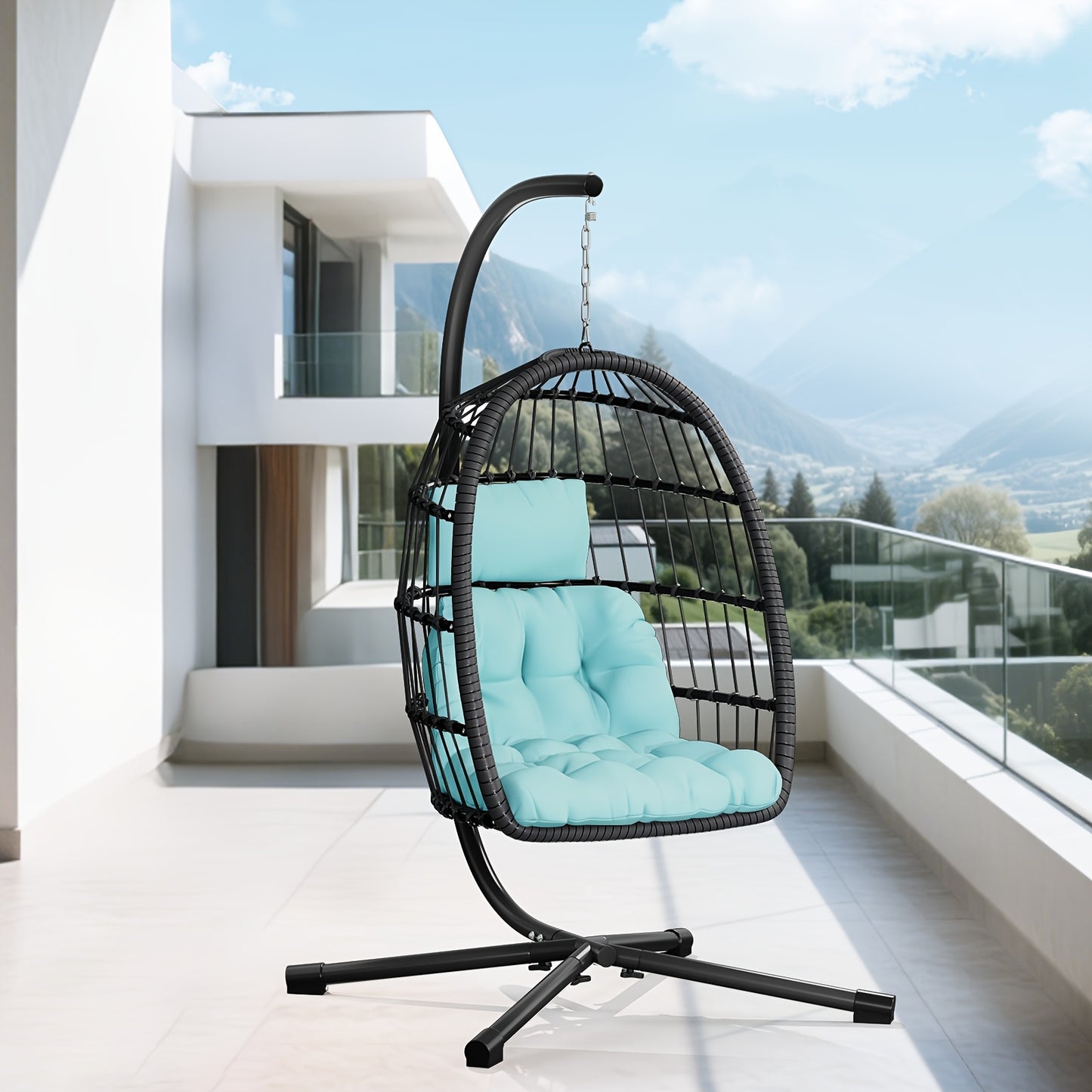 Outdoor Egg Chair with Stand Rattan Wicker Hanging Swing Hammock Chair Thickened Aluminum Frame UV-Resistant Cushion 350LBS Capacity Patio Balcony Deck Lawn Seat