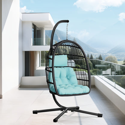 Outdoor Egg Chair with Stand Rattan Wicker Hanging Swing Hammock Chair Thickened Aluminum Frame UV-Resistant Cushion 350LBS Capacity Patio Balcony Deck Lawn Seat
