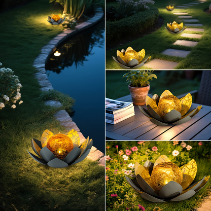 Solar Garden Light Lotus Flower LED Step Light Outdoor Cracked Glass Ball IPX4 Waterproof Lawn Yard Pathway Staircase Corridor Decor – Azure Blue Purple Gray