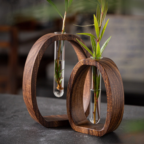 Hydroponic Planter Set 4pcs Walnut Wood & Glass Vase Aerated Root Vertical Aquatic System Desk Decor Home Office Space-Saving