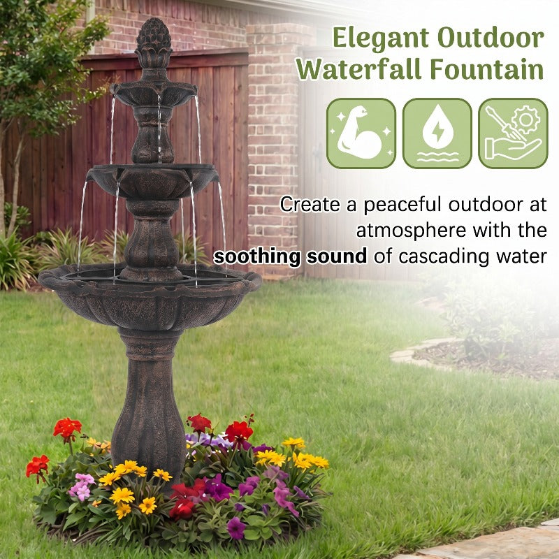 Solar Powered Outdoor Water Fountain 3-Tier – 50.5" Cascading Resin Garden Fountain with Pineapple Finial, IPX8 Pump & IP65 Solar Panel, Weather-Resistant for Patio Backyard Decor, Brown