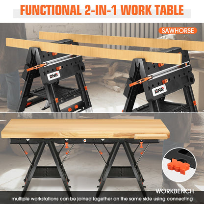 Portable Workbench 2-in-1 Folding Work Table & Sawhorse, 31"x25" Heavy-Duty Foldable Workbench with Clamps, Connecting Blocks & Tool Tray for Woodworking