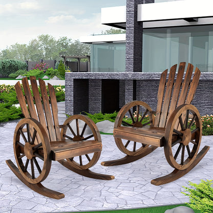 Outdoor Wood Rocking Chair Set – Patio Wagon Wheel Rustic Rocker with Side Table for Porch, Yard & Country Garden