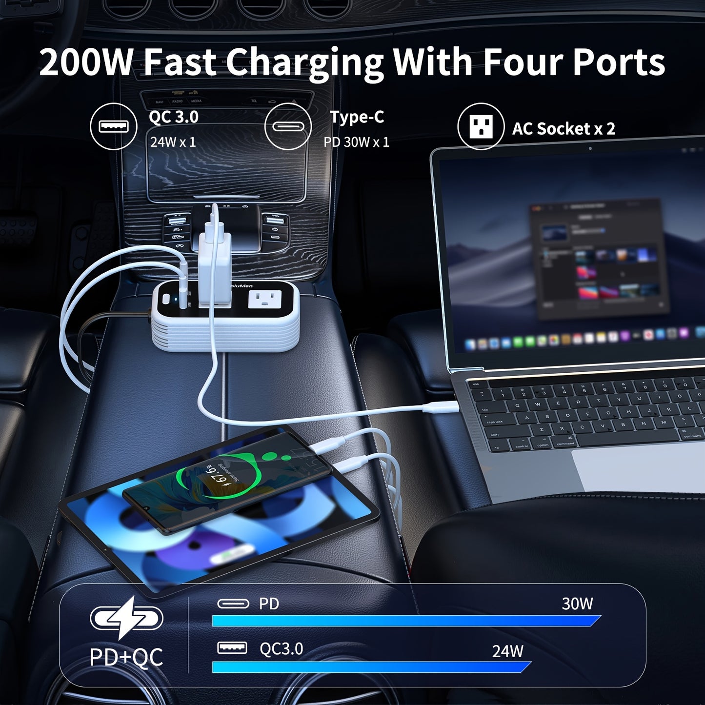 Car Plug Inverter 200W DC 12V to AC 110V with 30W PD Fast Charging QC3.0 24W USB-C Outlet Adapter for Laptop Computer Phone Tablet Vehicle Travel Road Trip