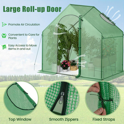 Walk-In Warm House Greenhouse 6x3x5.5ft with PE Grid Cover, Rustproof PE-Coated Metal Frame, Roll-Up Door & Top Vent Window, Portable Outdoor Hot House for Winter Garden, Green