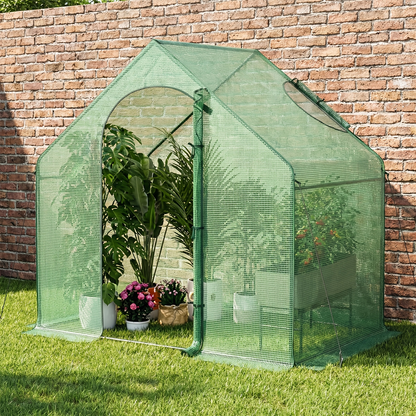 Walk-In Warm House Greenhouse 6x3x5.5ft with PE Grid Cover, Rustproof PE-Coated Metal Frame, Roll-Up Door & Top Vent Window, Portable Outdoor Hot House for Winter Garden, Green