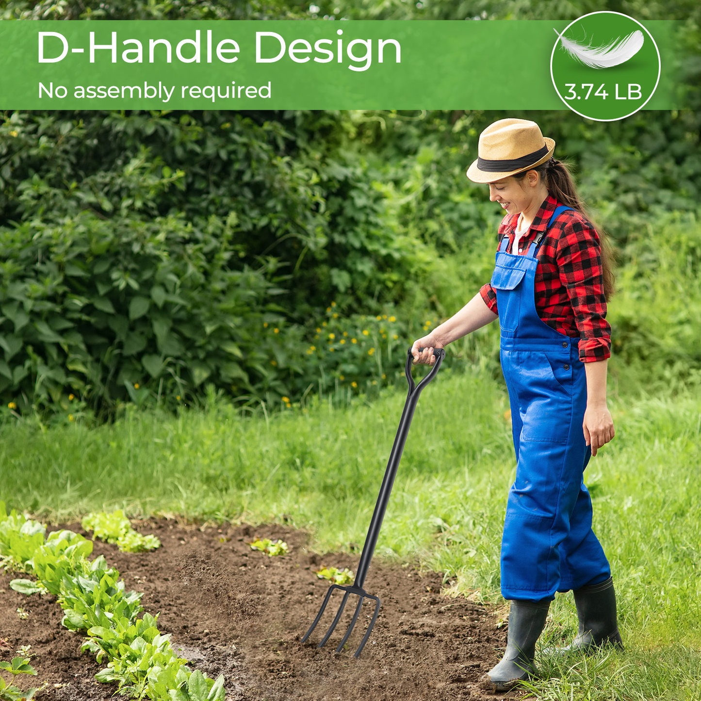 Garden Fork Heavy Duty 4-Tine - 42-Inch Long Handle Spading Fork with Ergonomic Non-Slip Grip for Turning Compost, Aerating Lawn, Loosening Soil & Planting Vegetables in Backyard Garden