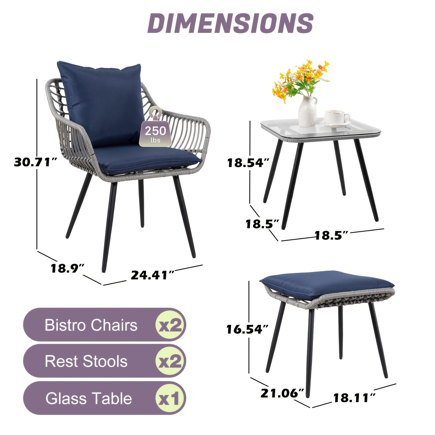 Patio Furniture Set 5 Piece | PE Rattan Sofa with 2 Footstools & Coffee Table, All-Weather Wicker, Easy Assembly, for Garden Balcony Backyard Poolside — Gray & Blue