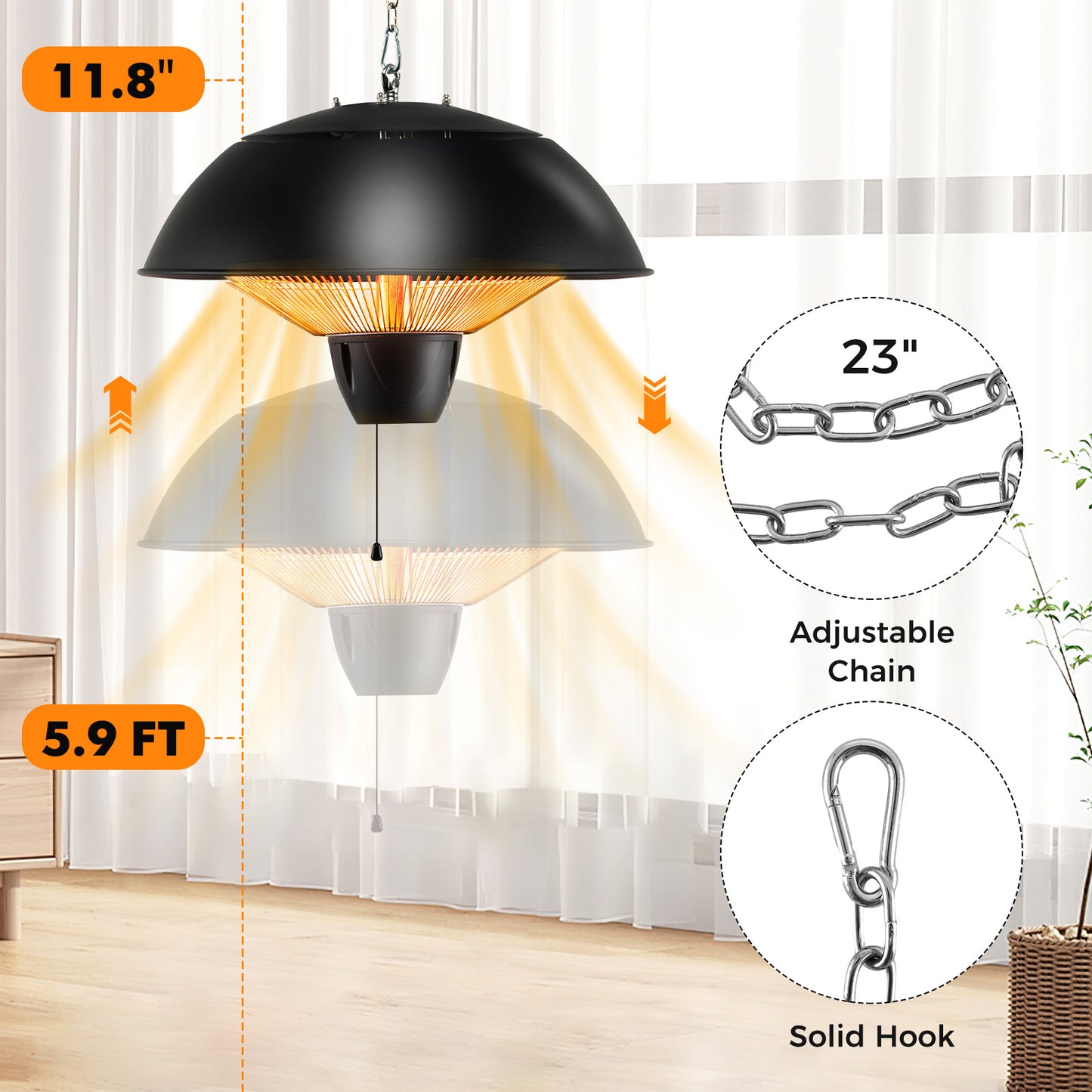 Hanging Patio Heater 1500W Electric Ceiling Mounted Heater with Halogen Tubes, 360° Coverage, Adjustable 23" Chain, Pull Switch, Dual Heat & Light Function for Garage, Balcony, Gazebo & Courtyard