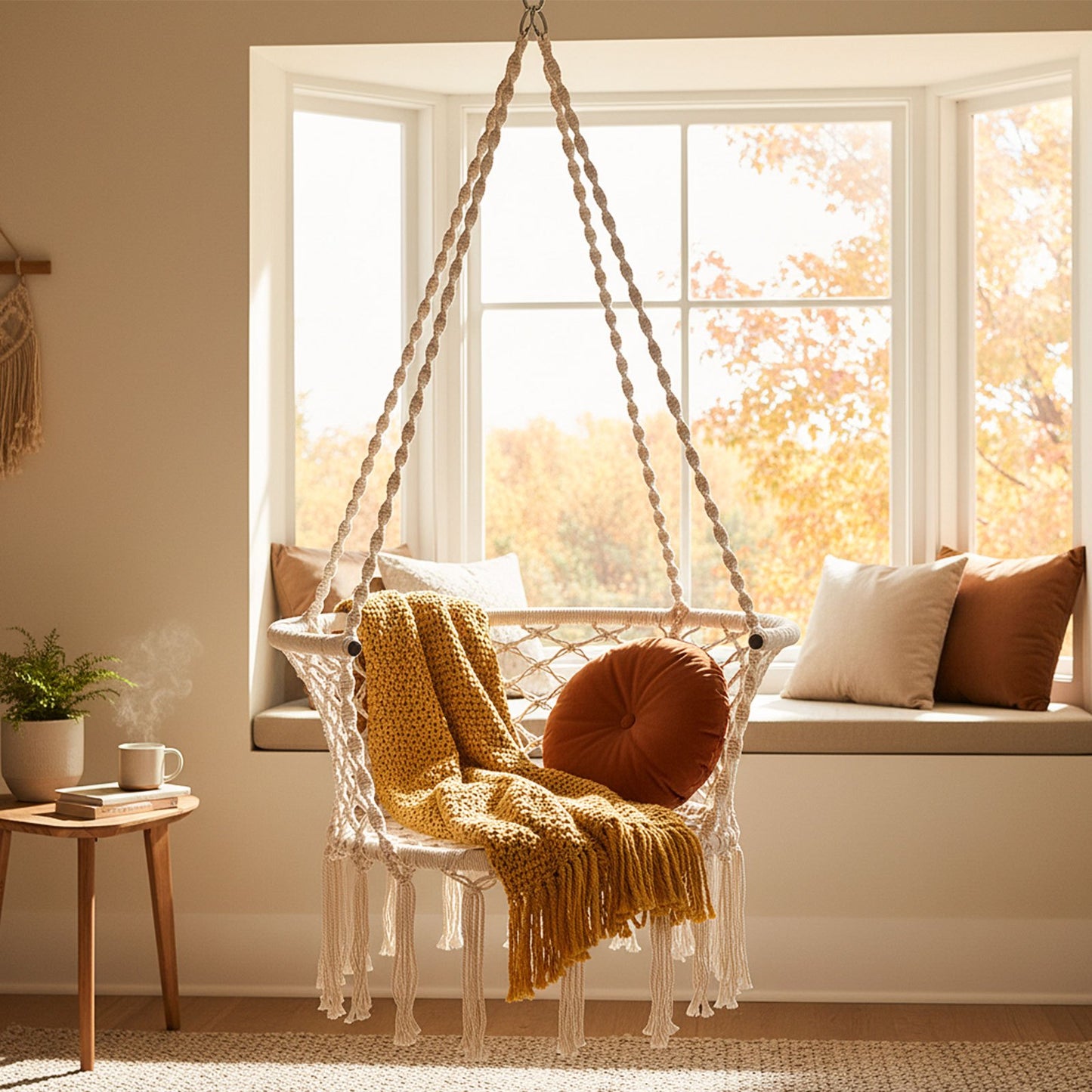 Macrame Hammock Chair – Knitted Boho Swing Chair with Cotton Rope, 350 lbs Capacity, Hanging Chair for Indoor Outdoor Bedroom Patio Balcony Garden