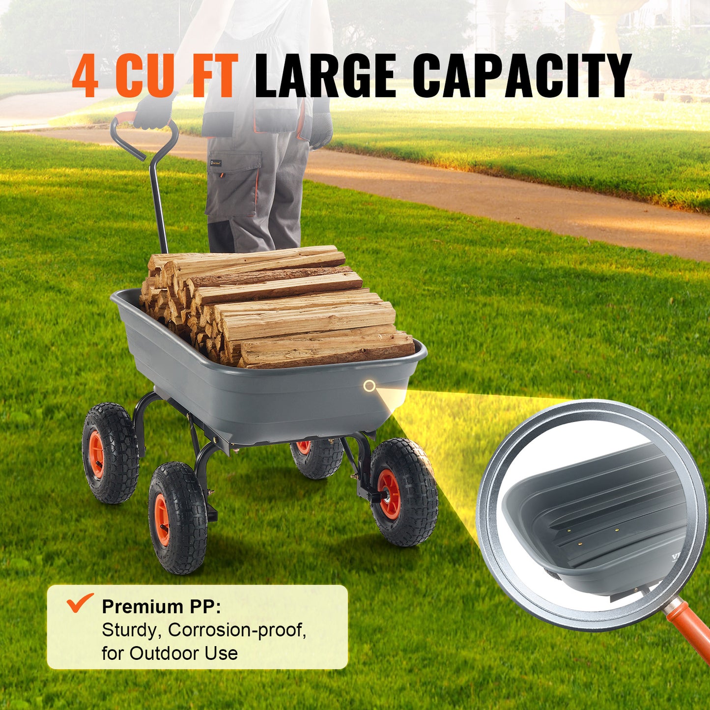 Garden Dump Cart 880LBS Convertible Flatbed Utility Wheelbarrow with 2-in-1 Handle, Removable Side Panels, Mesh Cover & 10" Rubber Tires – 400/600/880 LBS