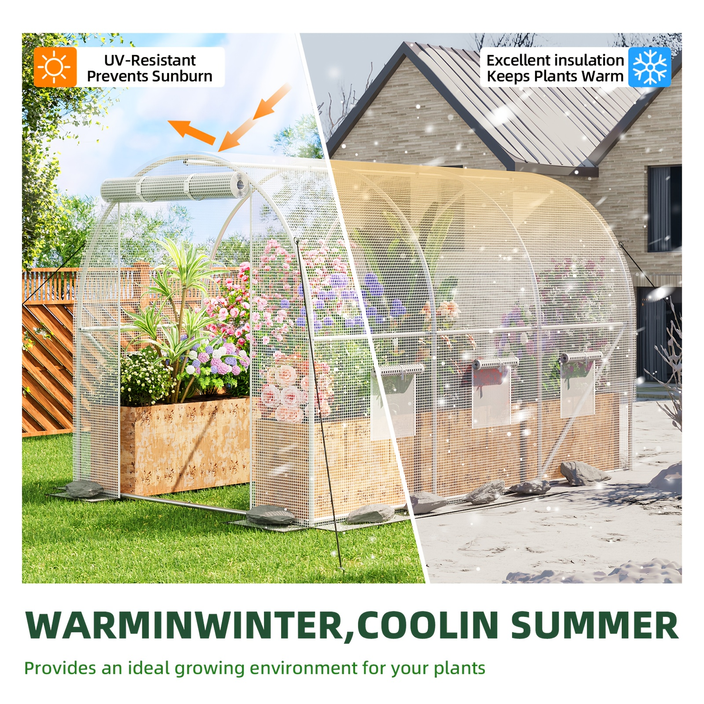 Outdoor Walk-In Greenhouse 10x6.6x6.6 FT – Dual Zippered Screen Doors, 6 Screen Windows & Reinforced Frame, Heavy-Duty Plastic Plant Warm House for Garden & Backyard, Green & White