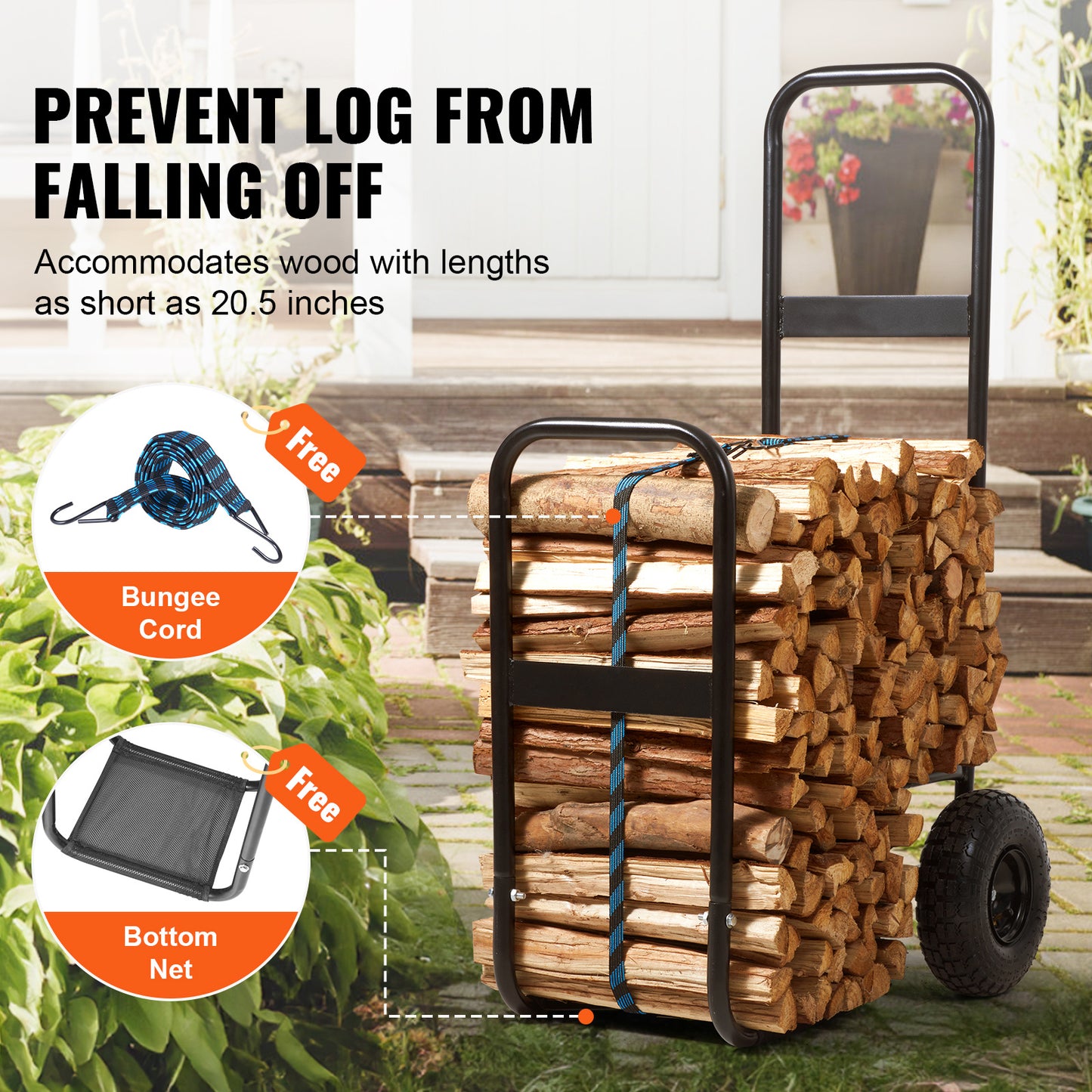 Firewood Log Cart Heavy Duty 250 lbs Capacity, Carbon Steel Wood Carrier with Pneumatic Rubber Wheels, Outdoor Indoor Log Hauler Dolly for Fireplace Fire Pit Camping