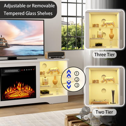 Electric Fireplace TV Stand 58 Inch Entertainment Center with 18" Fireplace Heater 16-Color LED Glass Shelves Storage Cabinets for TVs up to 65"