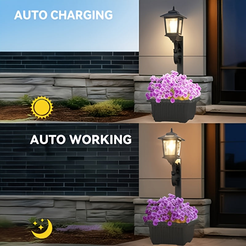 Solar Lamp Post Light with Flower Pot 2-in-1 – Waterproof Wall Mounted or Standalone Decorative Garden Lantern for Lawn, Yard, Front & Back Door (Set of 2)