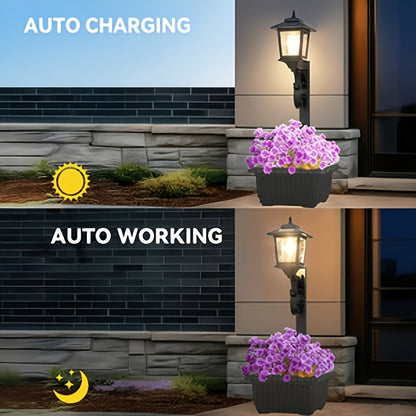 Solar Lamp Post Light with Flower Pot 2-in-1 – Waterproof Wall Mounted or Standalone Decorative Garden Lantern for Lawn, Yard, Front & Back Door (Set of 2)