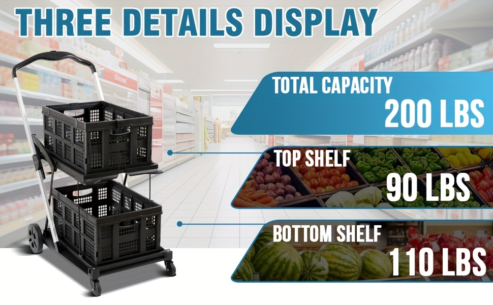 Two Tier Cart with 2 Storage Crates 360° Swivel Wheels, Heavy Duty Collapsible Shopping Trolley Folding Utility Cart for Groceries Picnic Office Multi-Use