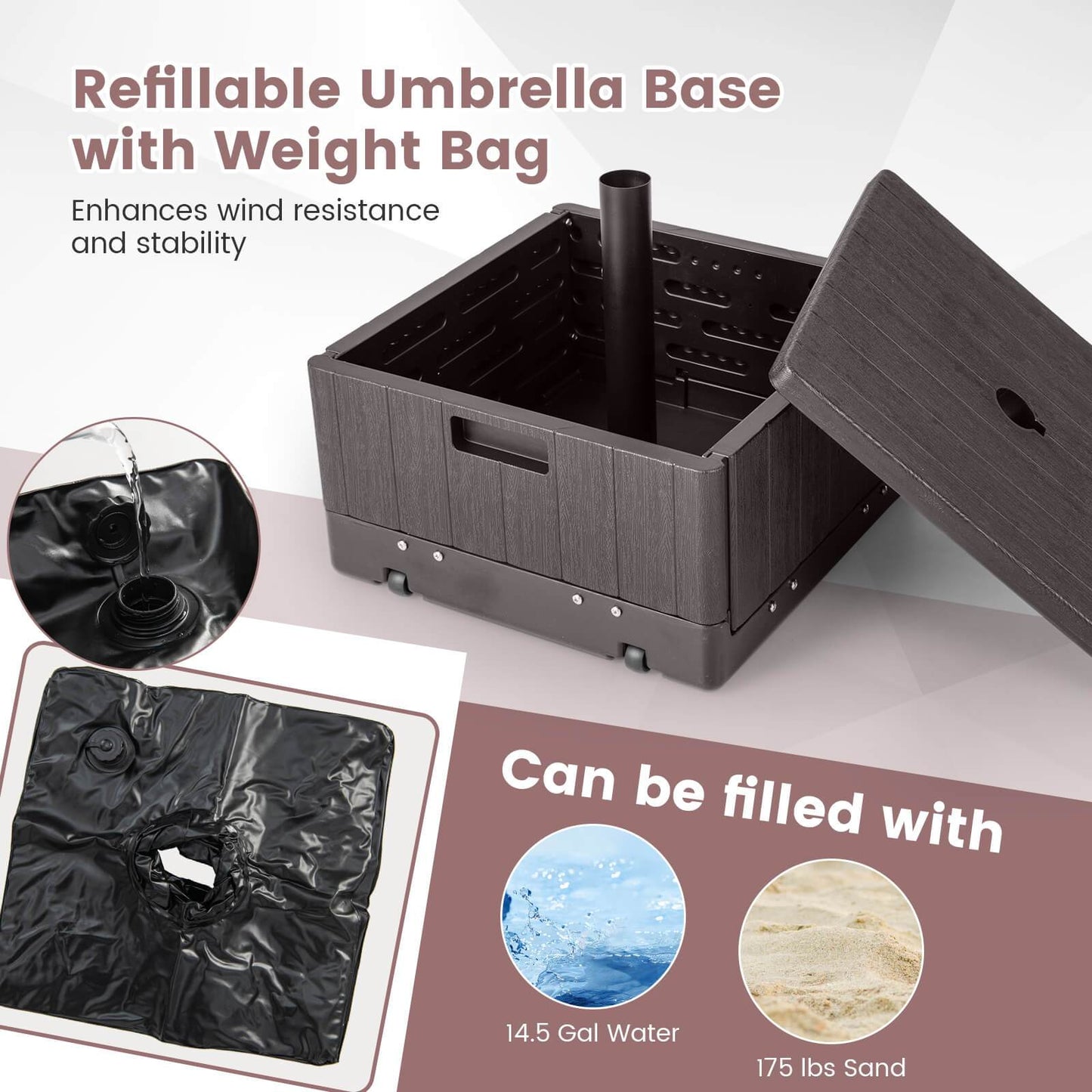 Patio Umbrella Base 3-in-1 Fillable 175 lbs with Table Tray & Planter Box Wheeled Stand Fits 1.5"/1.9" Poles 6-10 ft Market Offset Umbrellas HDPE Brown