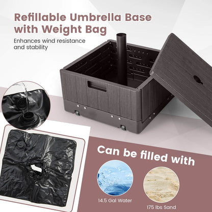 Patio Umbrella Base 3-in-1 Fillable 175 lbs with Table Tray & Planter Box Wheeled Stand Fits 1.5"/1.9" Poles 6-10 ft Market Offset Umbrellas HDPE Brown