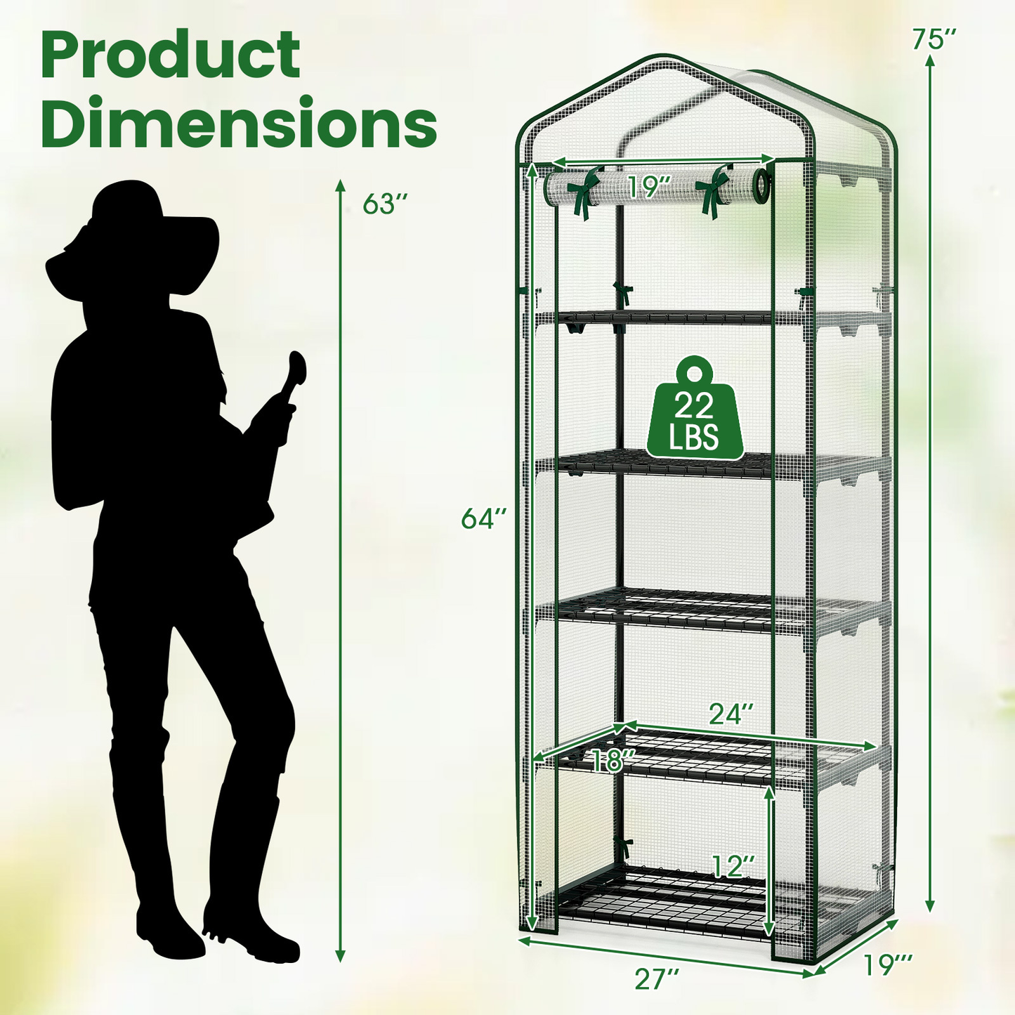 5-Tier Grow House Mini Greenhouse 27"x19"x75" with PE Grid Cover, Rustproof Electro-Coated Frame & Zippered Door, Space-Saving Indoor Outdoor Plant Shelter for Herbs & Seedlings