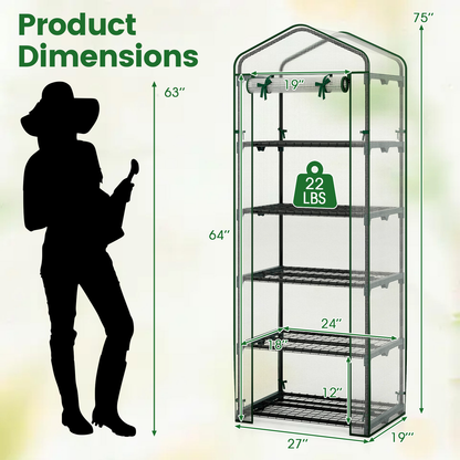 5-Tier Grow House Mini Greenhouse 27"x19"x75" with PE Grid Cover, Rustproof Electro-Coated Frame & Zippered Door, Space-Saving Indoor Outdoor Plant Shelter for Herbs & Seedlings