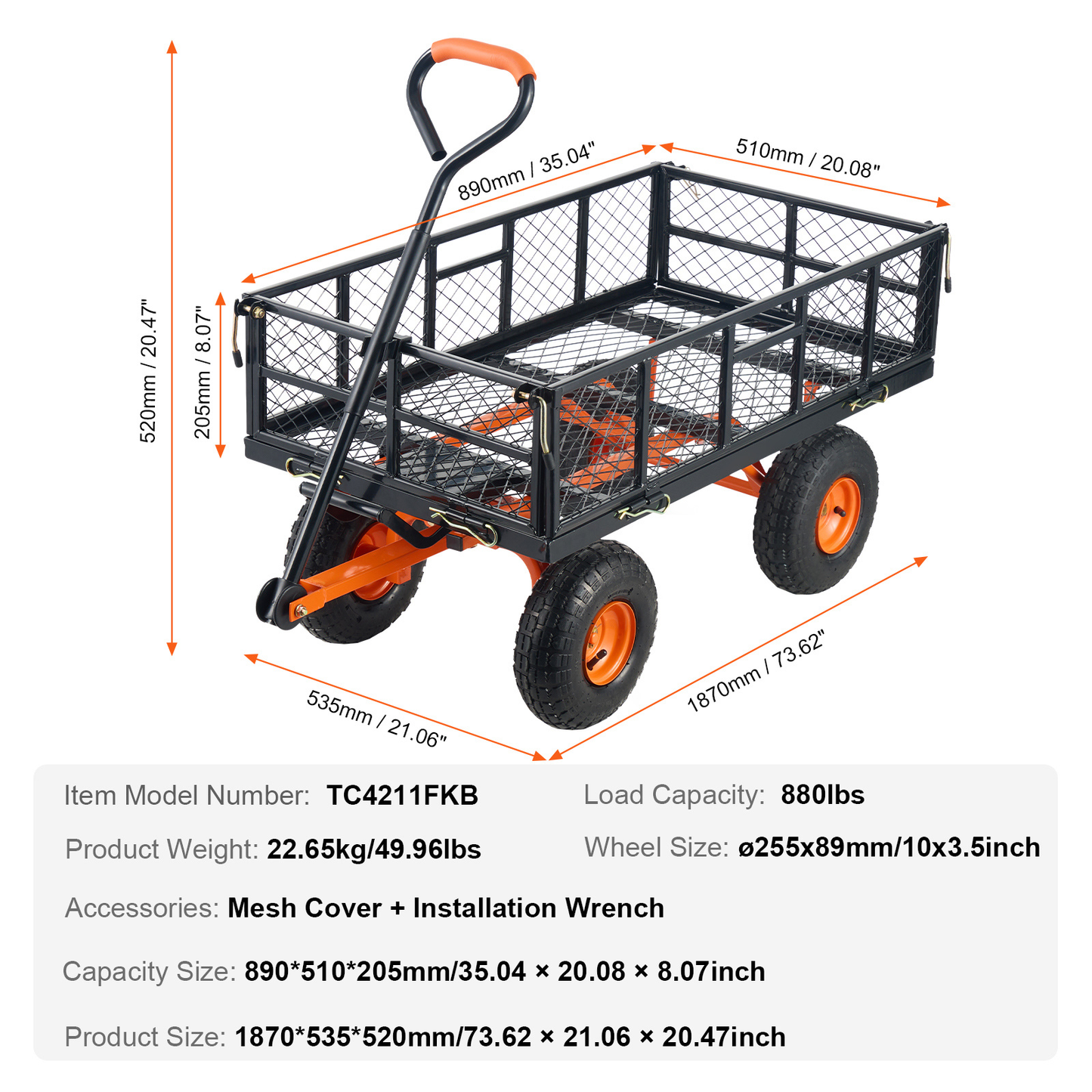 Garden Dump Cart 880LBS Convertible Flatbed Utility Wheelbarrow with 2-in-1 Handle, Removable Side Panels, Mesh Cover & 10" Rubber Tires – 400/600/880 LBS