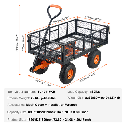 Garden Dump Cart 880LBS Convertible Flatbed Utility Wheelbarrow with 2-in-1 Handle, Removable Side Panels, Mesh Cover & 10" Rubber Tires – 400/600/880 LBS