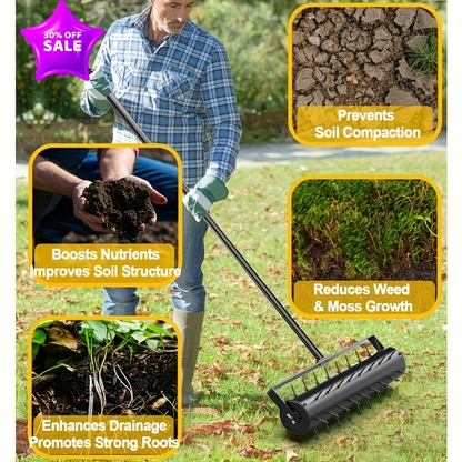 Lawn Aerator Manual Heavy Duty 60" Long Handle with Large Tine Wheel, Metal Construction for Deep Soil Aeration, Dethatching & Weeding, Yard Garden Sports Field