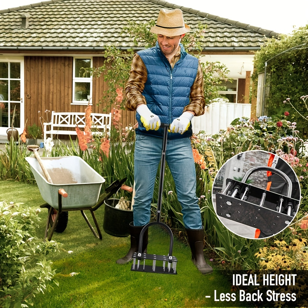 Self-Cleaning Lawn Aerator with 14 Iron Spikes - Spring-Loaded Auto-Clean Mechanism for Leaves & Dirt, Manual Soil Loosening Tool for Patio, Yard & Garden Aeration
