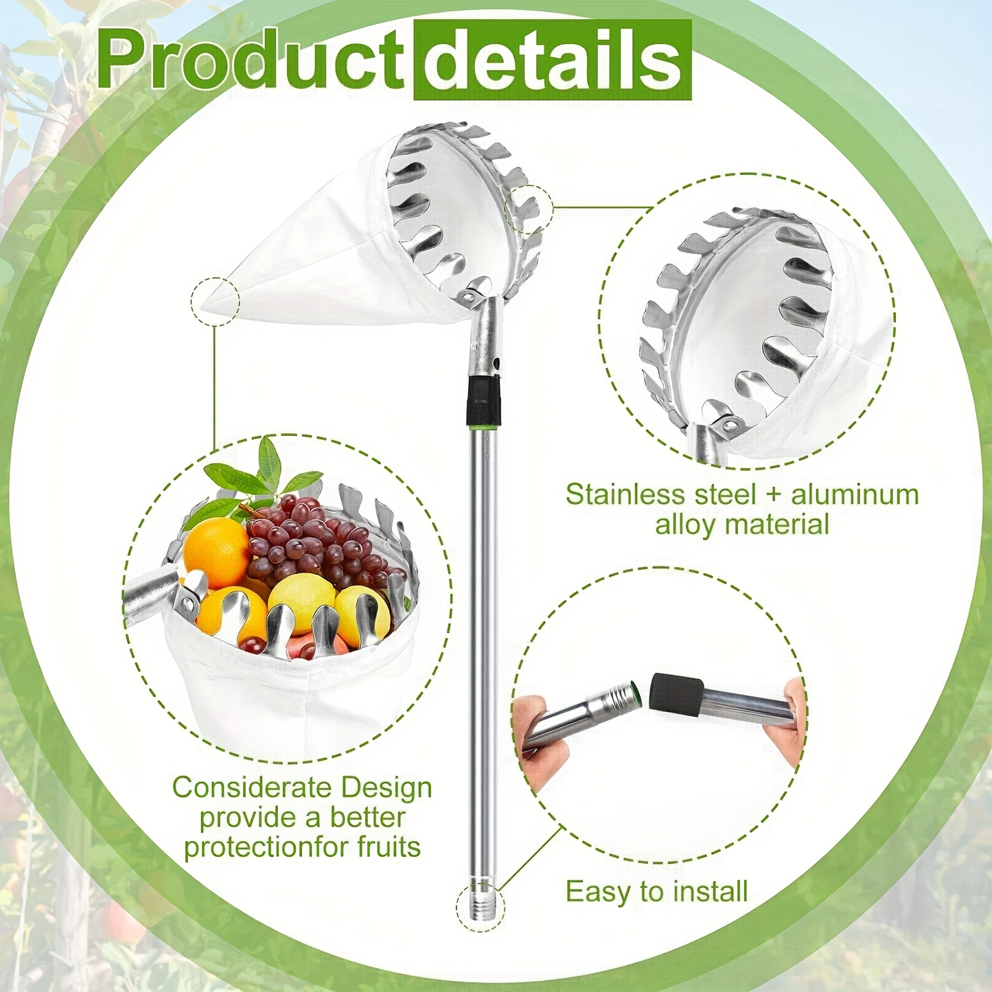 Fruit Picker Stainless Steel Adjustable Extension Pole - Tall Tree Orchard Picking Tool with Non-Slip Handle for Apples, Avocados, Peaches, Pears, Lemons, Cherries & Plums - 63 to 157 Inch