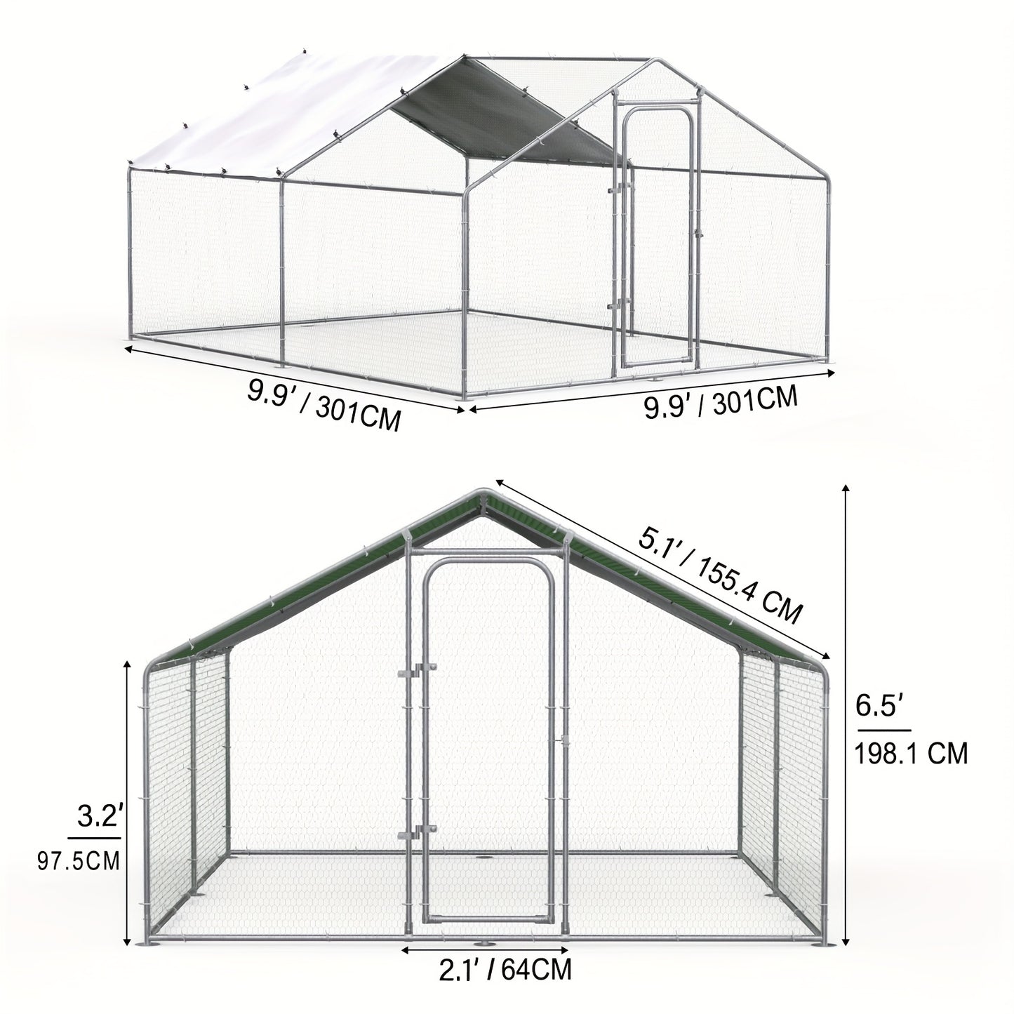 Metal Chicken Run Outdoor Poultry Cage Large Walk-in Enclosure for Chickens Ducks Rabbits UV-Resistant Weather-Resistant Mesh Walls Secure Latches Easy-Access Doors No Electricity Needed