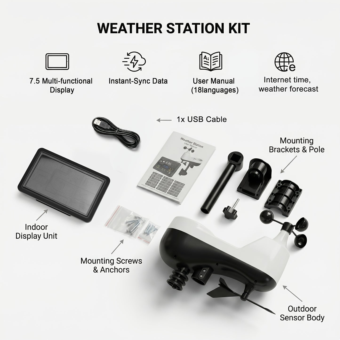 WiFi Weather Station | 7-in-1 Rain Gauge Wind Speed App Forecast