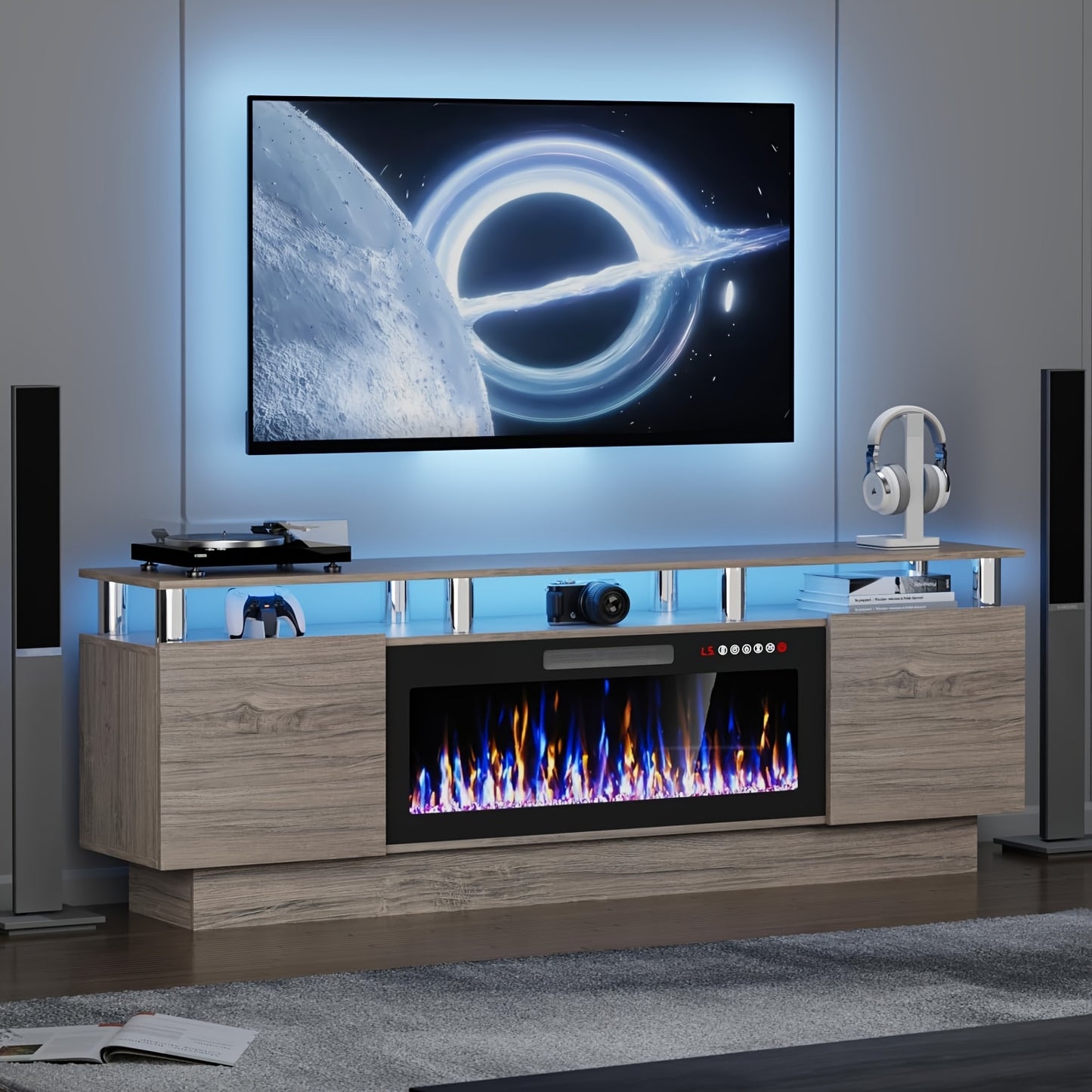 Entertainment Center with Electric Fireplace – 70" Modern TV Stand for TVs Up to 80", 36" LED Flame, High Gloss Cabinet, Multi-Color Options for Living Room