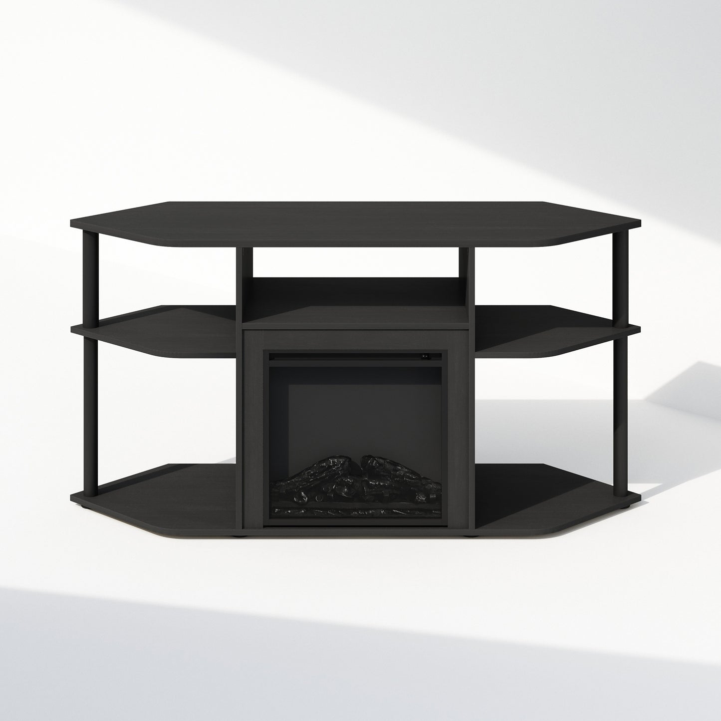 Corner TV Stand with Electric Fireplace, 55" Entertainment Center with Open Storage Shelves & Decorative Plastic Poles, Corner Fireplace Media Console, Americano/Black