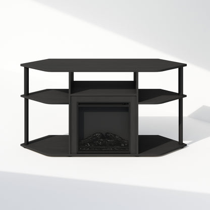 Corner TV Stand with Electric Fireplace, 55" Entertainment Center with Open Storage Shelves & Decorative Plastic Poles, Corner Fireplace Media Console, Americano/Black