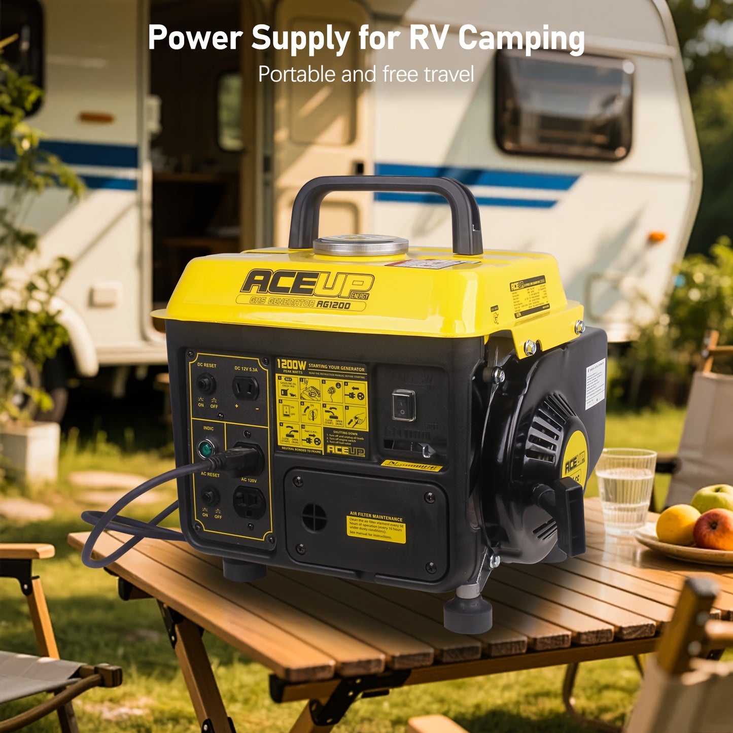 Portable Gas Generator 1200W Peak 900W Rated | 71cc 2-Cycle Engine Recoil Start AC DC Outlets | Camping RV Emergency Backup Low Noise EPA CARB