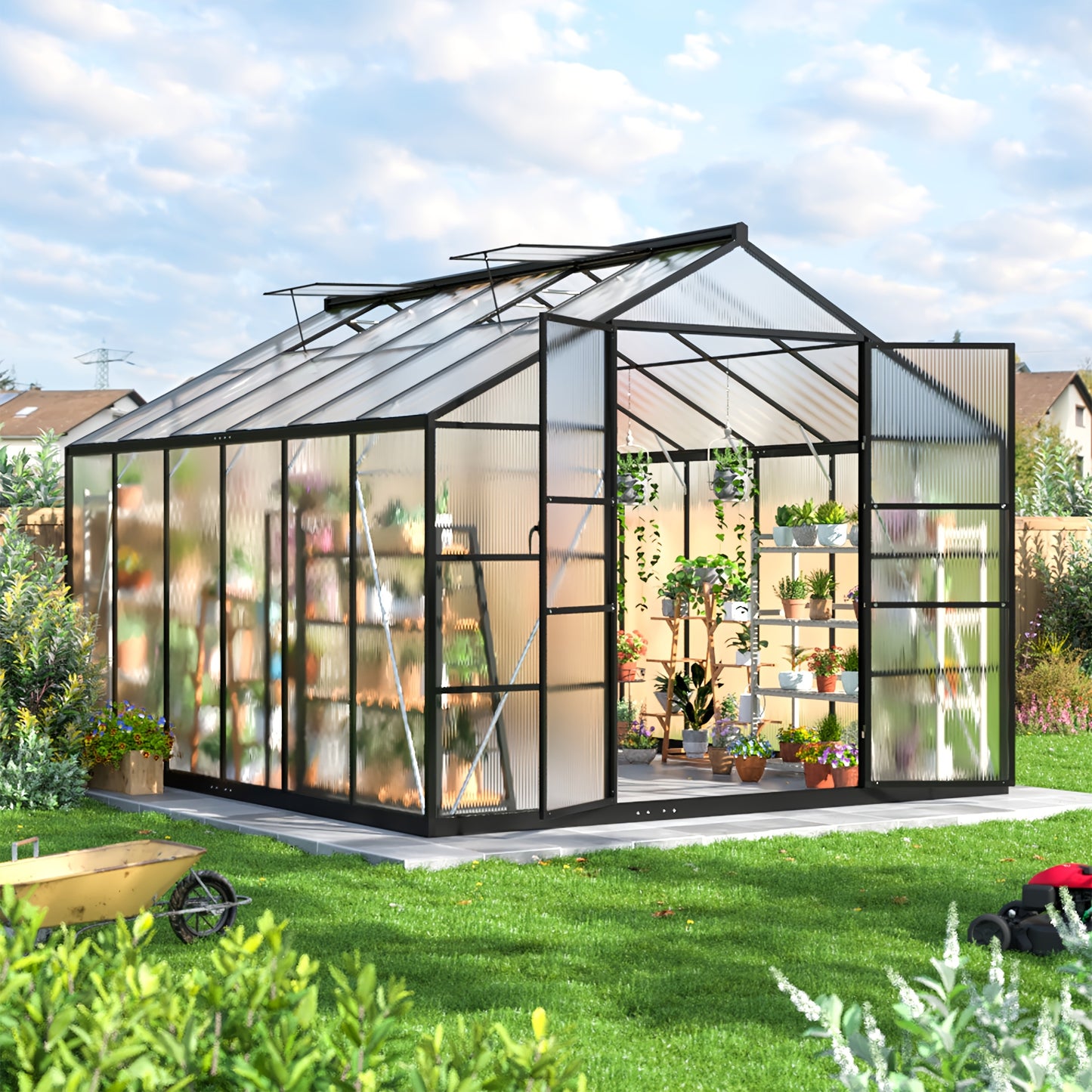 Polycarbonate Greenhouse with Aluminum Frame – Walk-In Outdoor Garden Greenhouse with Roof Ventilation, Lockable Door & UV Protection, 4x6 / 6x7.5 / 10x12 FT