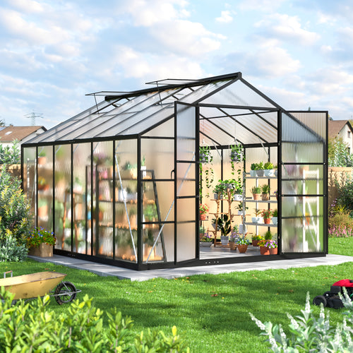 Polycarbonate Greenhouse with Aluminum Frame – Walk-In Outdoor Garden Greenhouse with Roof Ventilation, Lockable Door & UV Protection, 4x6 / 6x7.5 / 10x12 FT