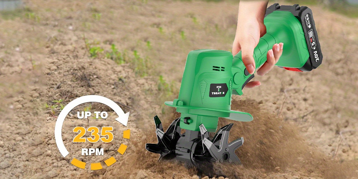 Cordless Electric Tiller 20V Handheld - 9-Inch 235RPM Garden Cultivator with Ergonomic Handle, Lightweight Metal Soil Tiller for Weeding, Soil Aeration & Loosening in Courtyard, Raised Beds & Garden