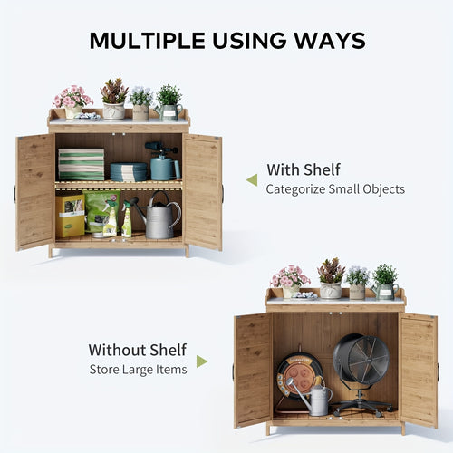 Potting Bench with Storage Cabinet, Outdoor Waterproof Wood Garden Shed Table with Removable Shelves & Doors, Heavy-Duty Yard Workstation in Grey & Natural