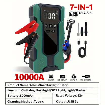 Car Jump Starter 10000A 7-in-1 Portable Battery Booster with Air Pump, Digital Tire Inflator 150PSI, LED Emergency Light for Gas & Diesel Vehicles