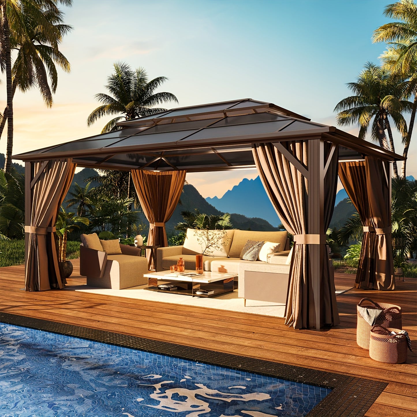 Hardtop Gazebo Polycarbonate Roof Aluminum Frame Curtains & Net